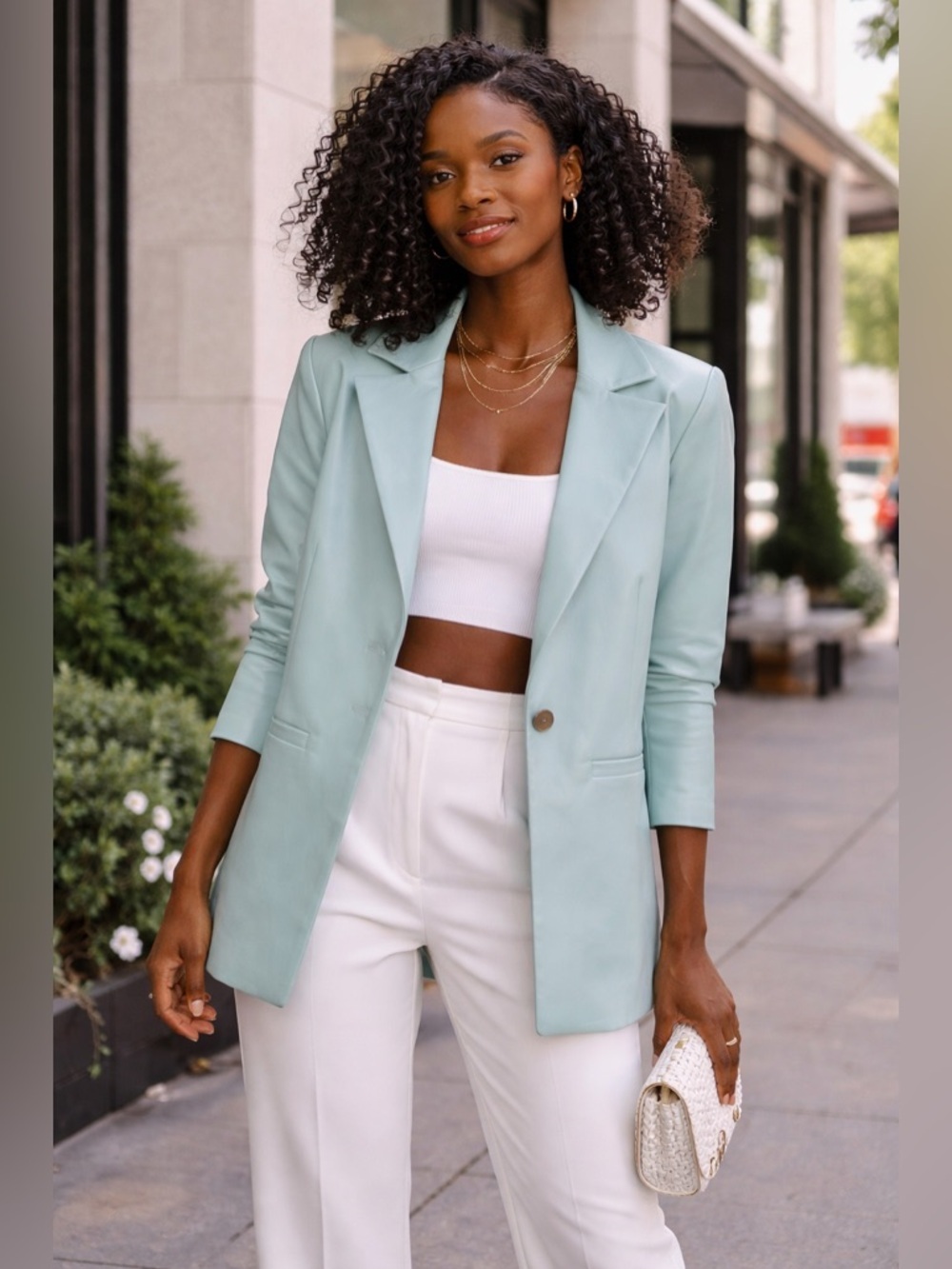 Alice + Olivia Mint Blue Faux Leather Blazer XS Designer Office Career Jacket